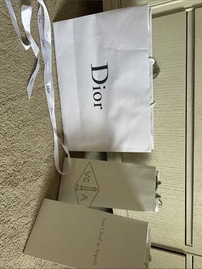 Dior White Shopping Bag with Black Logo and White Ribbon